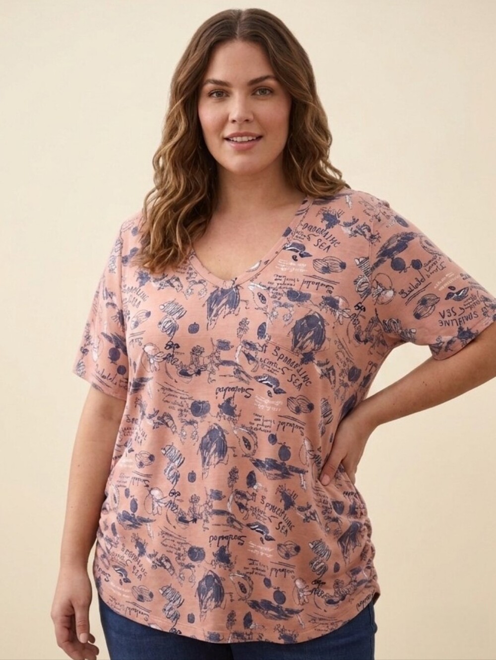 Claire France  Dusty Pink Coastal Western Top With Ruched Sides, Plus Size 3X
